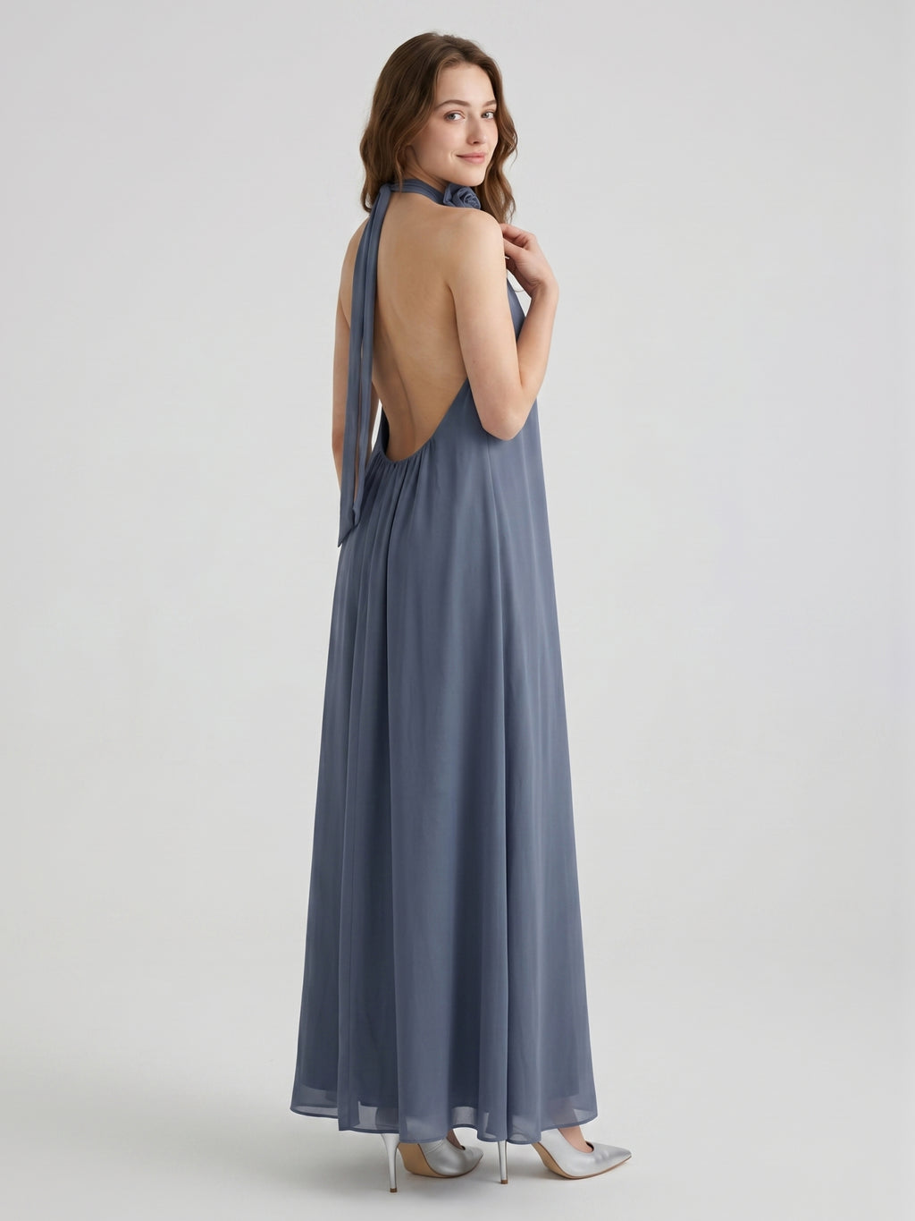 Stormy Chiffon Column Halter Neckline Backless Floor-Length Bridesmaid Dress