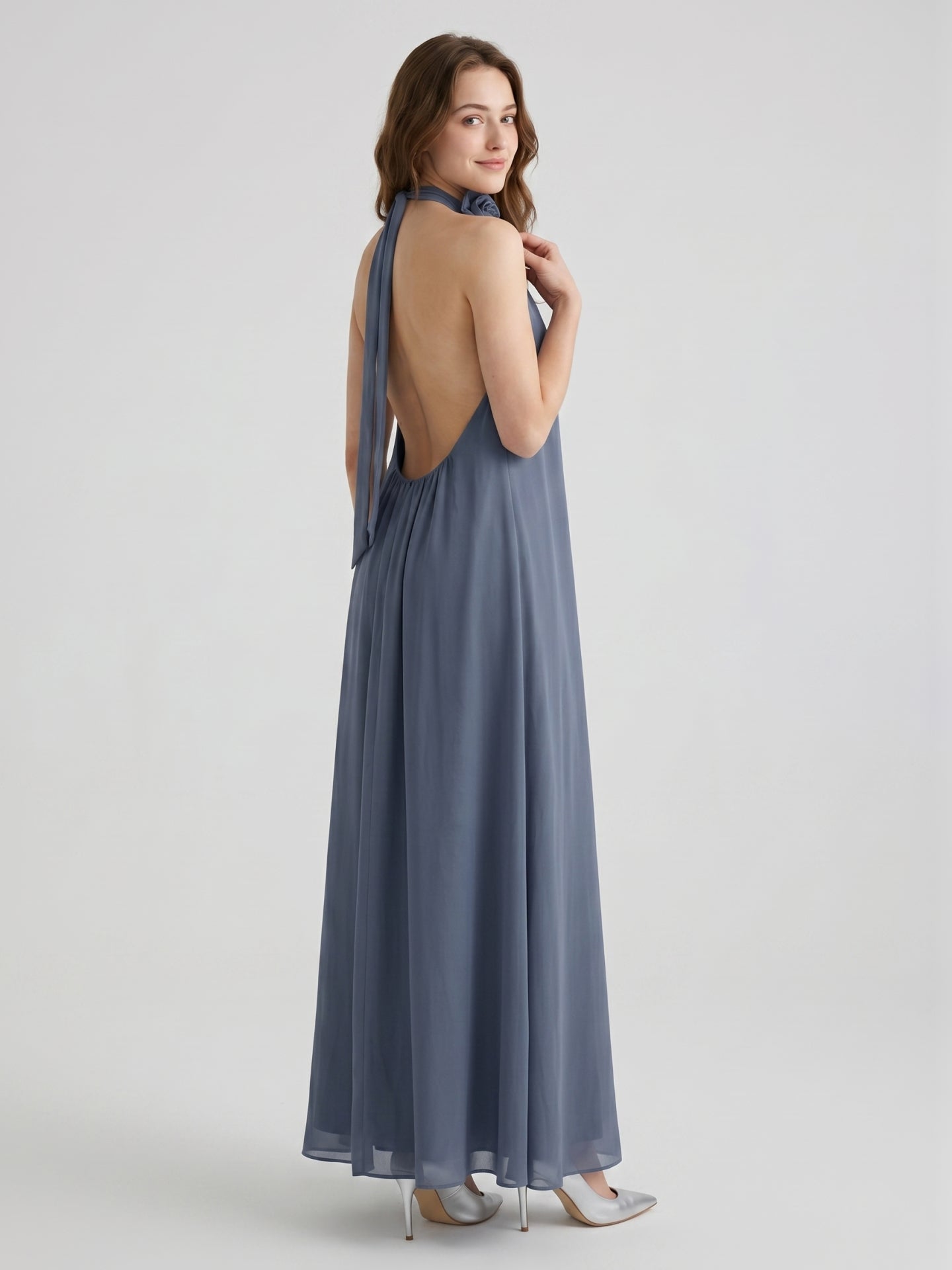Stormy Chiffon Column Halter Neckline Backless Floor-Length Bridesmaid Dress