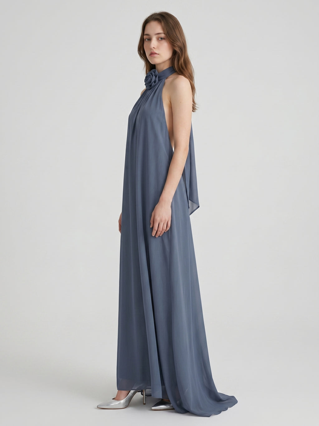 Stormy Chiffon Column Halter Neckline Backless Floor-Length Bridesmaid Dress