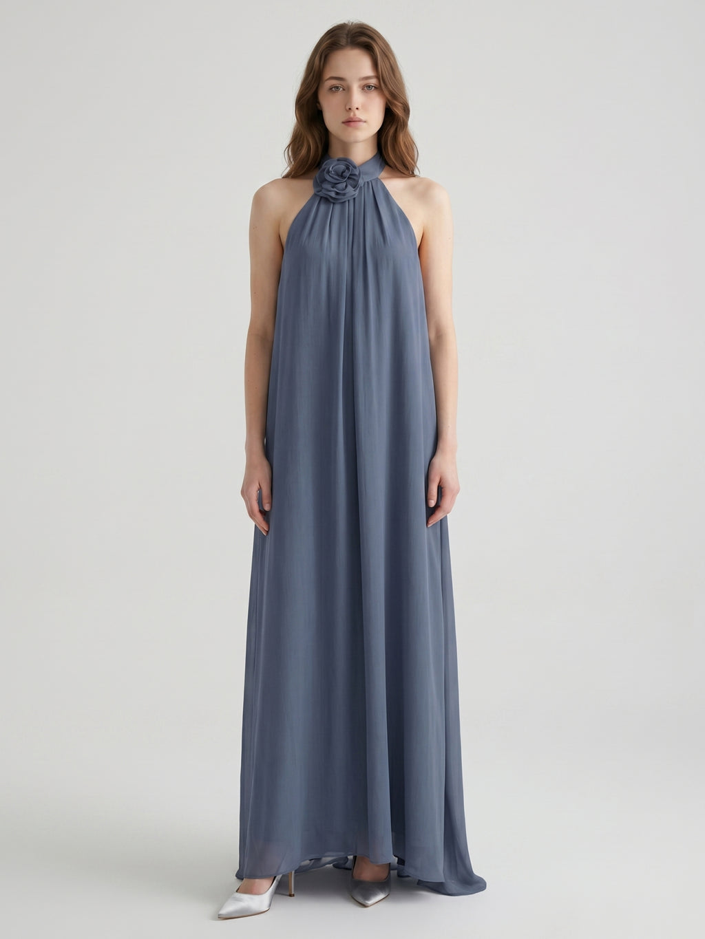 Stormy Chiffon Column Halter Neckline Backless Floor-Length Bridesmaid Dress