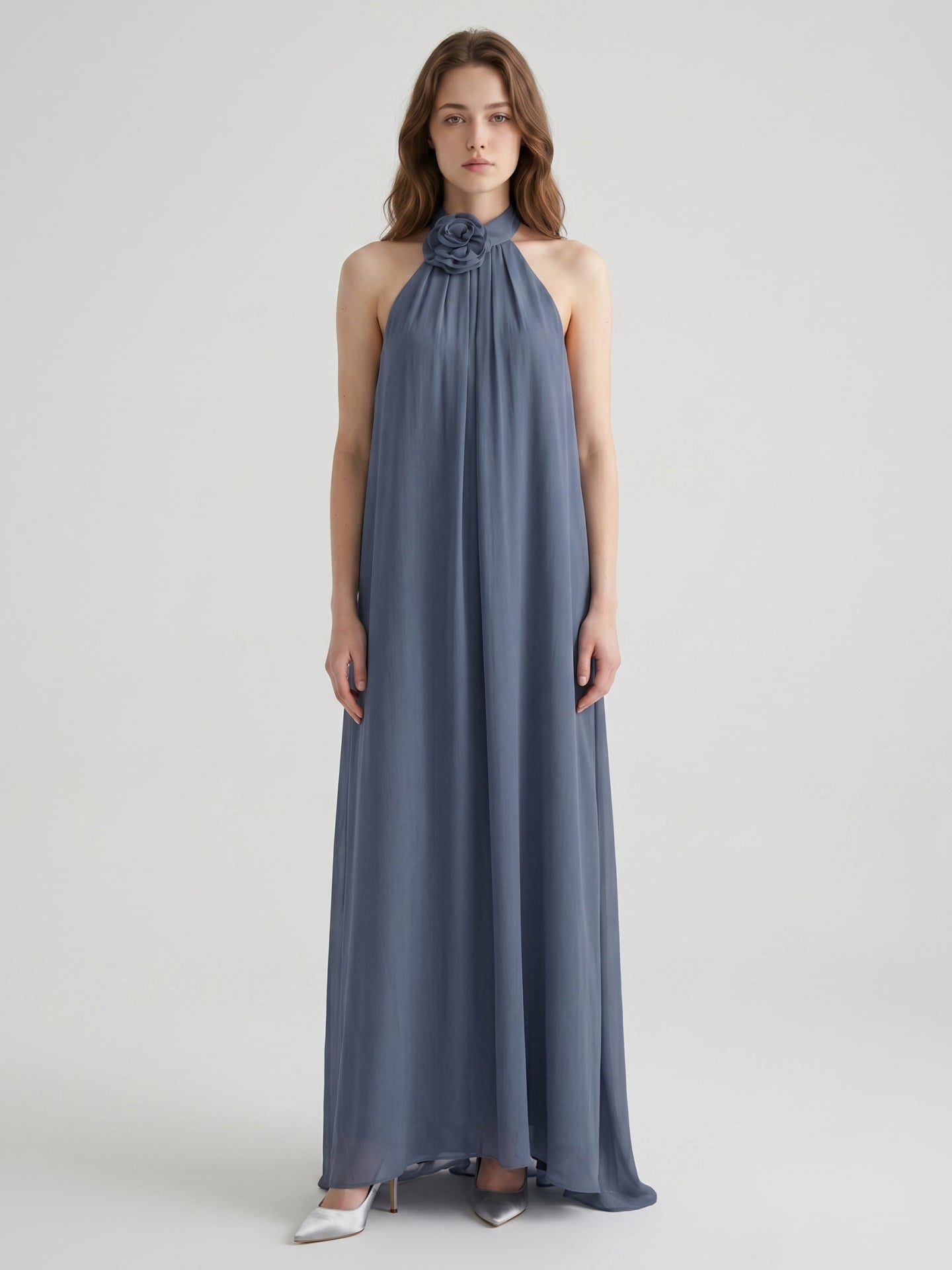 Stormy Chiffon Column Halter Neckline Backless Floor-Length Bridesmaid Dress