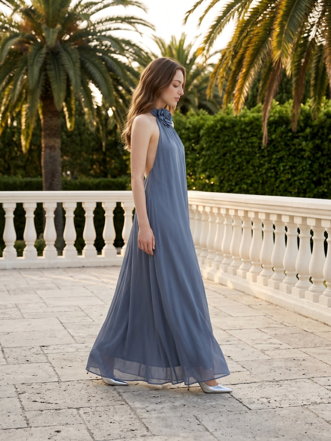 Stormy Chiffon Column Halter Neckline Backless Floor-Length Bridesmaid Dress