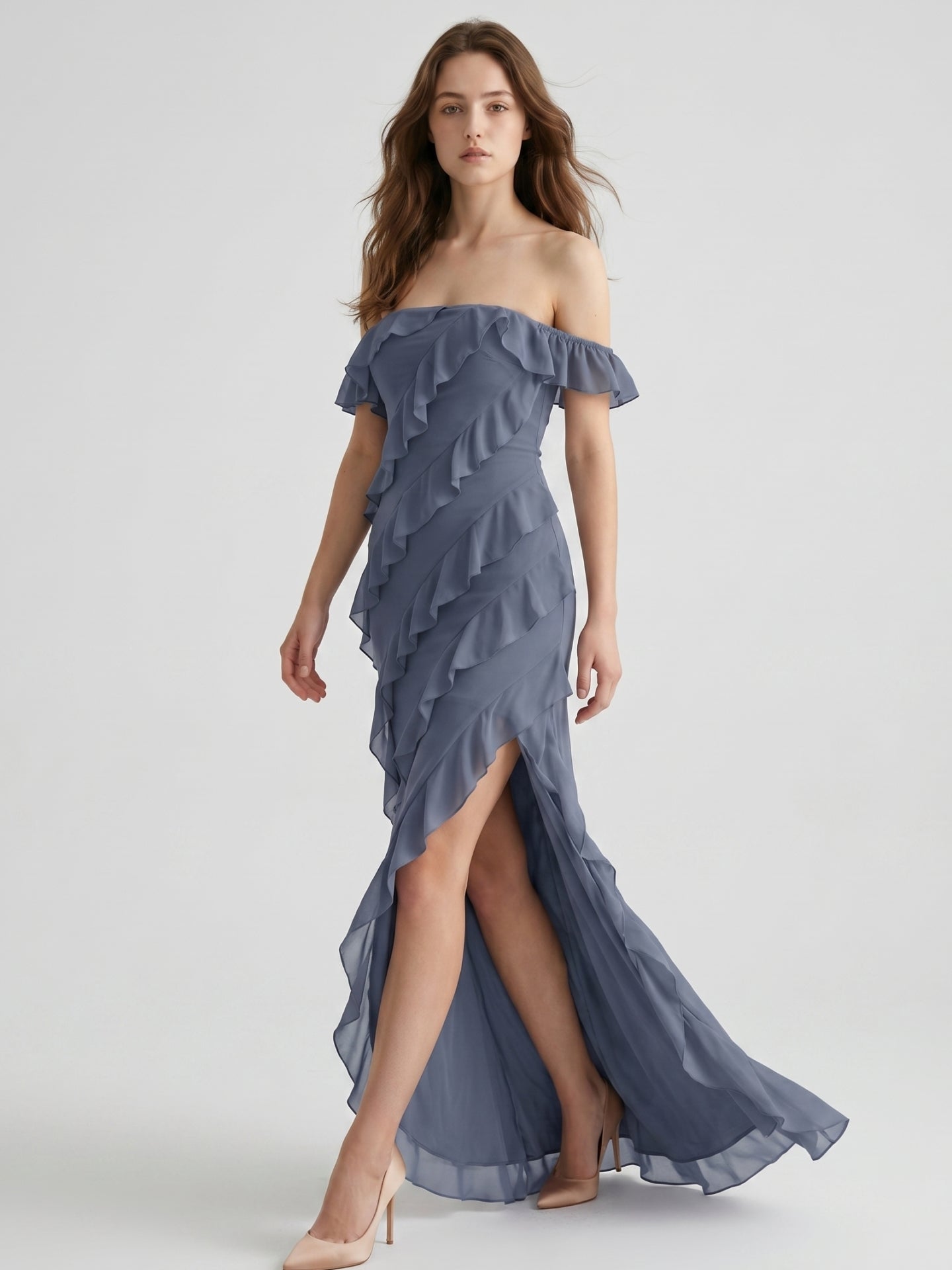 Stormy Chiffon Column Off-the-Shoulder Back Zip Floor-Length Bridesmaid Dress with Ruffle