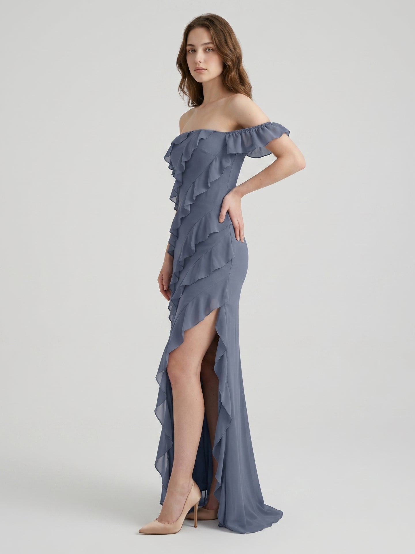Stormy Chiffon Column Off-the-Shoulder Back Zip Floor-Length Bridesmaid Dress with Ruffle