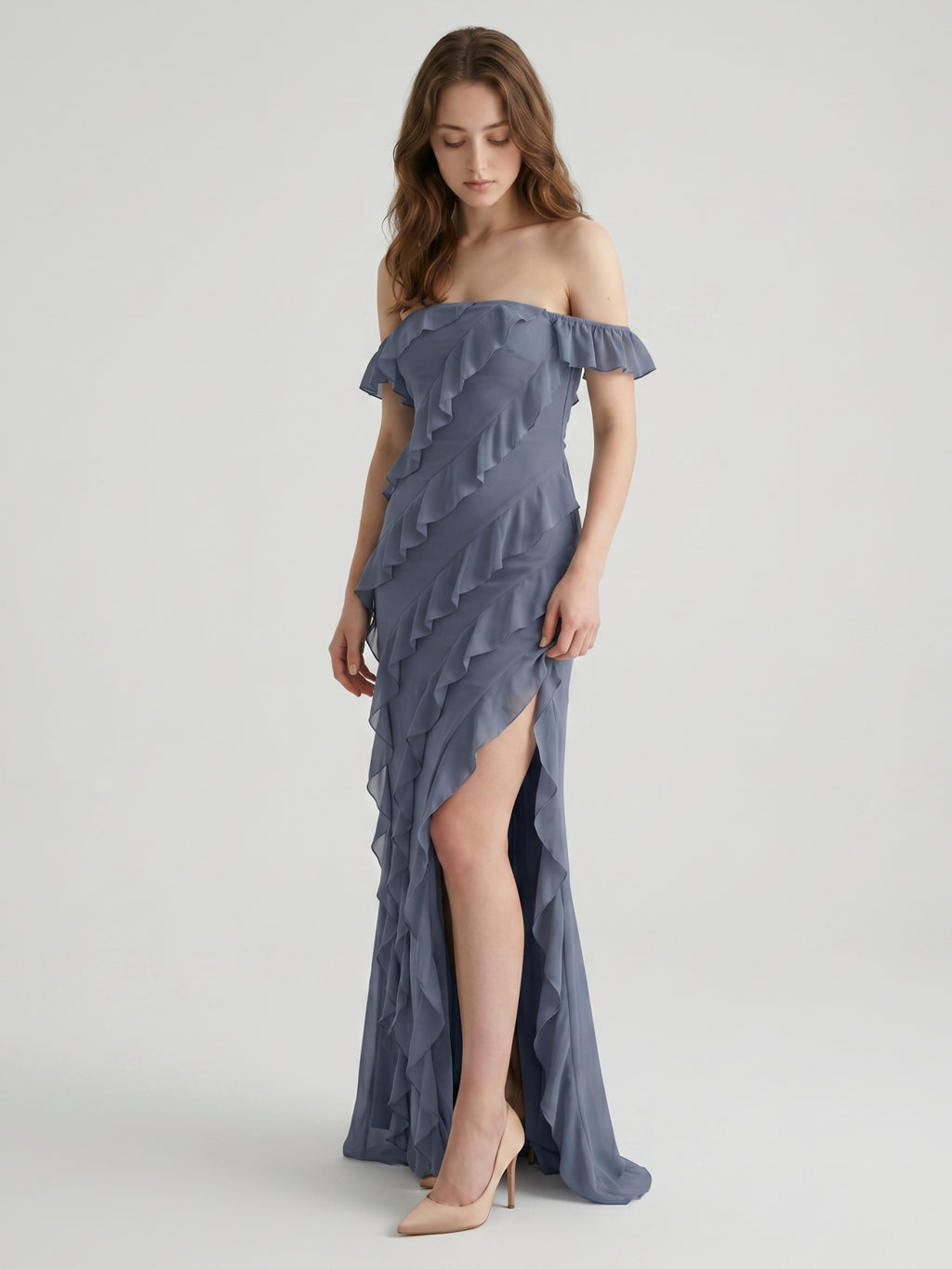 Stormy Chiffon Column Off-the-Shoulder Back Zip Floor-Length Bridesmaid Dress with Ruffle