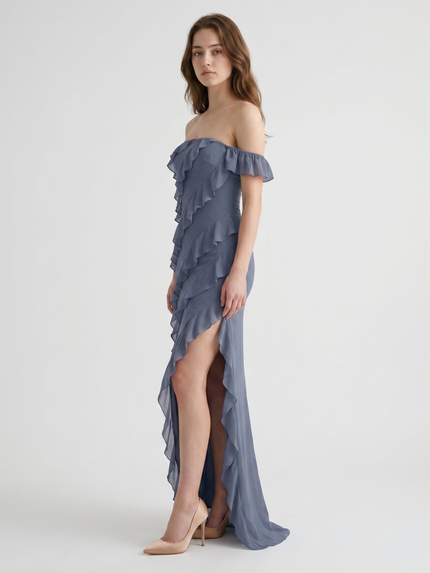 Stormy Chiffon Column Off-the-Shoulder Back Zip Floor-Length Bridesmaid Dress with Ruffle