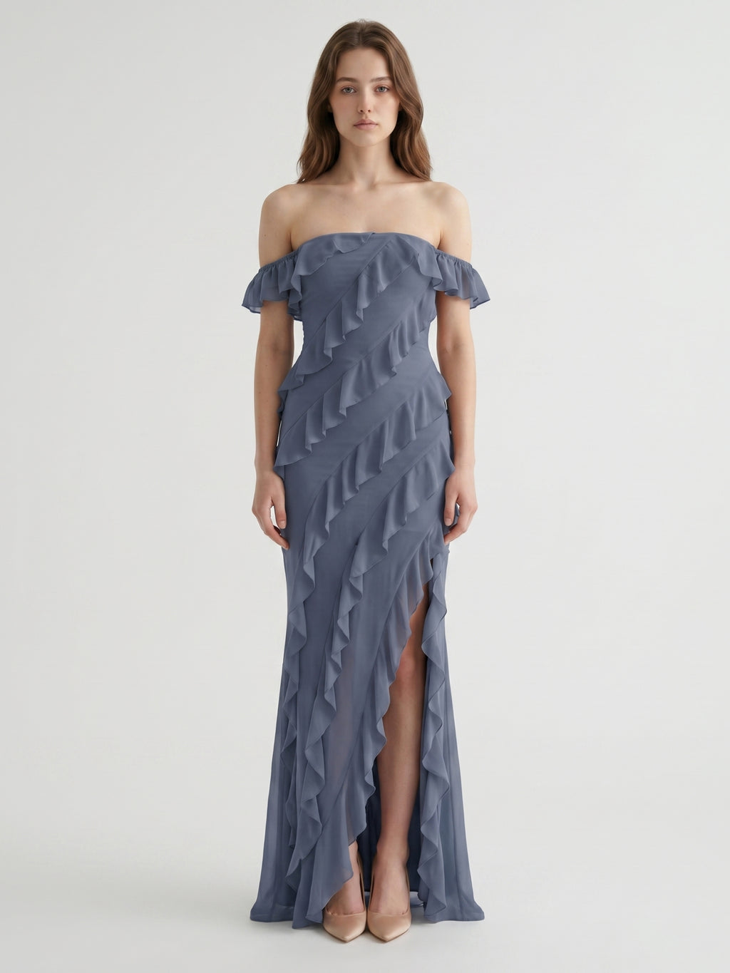 Stormy Chiffon Column Off-the-Shoulder Back Zip Floor-Length Bridesmaid Dress with Ruffle