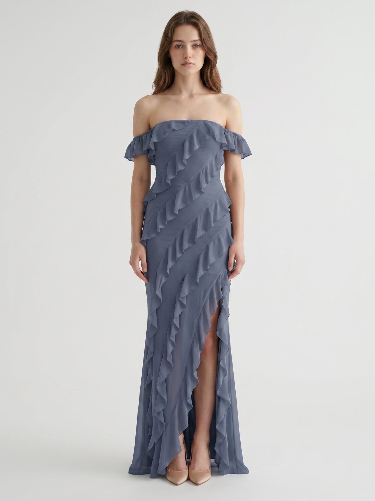 Stormy Chiffon Column Off-the-Shoulder Back Zip Floor-Length Bridesmaid Dress with Ruffle