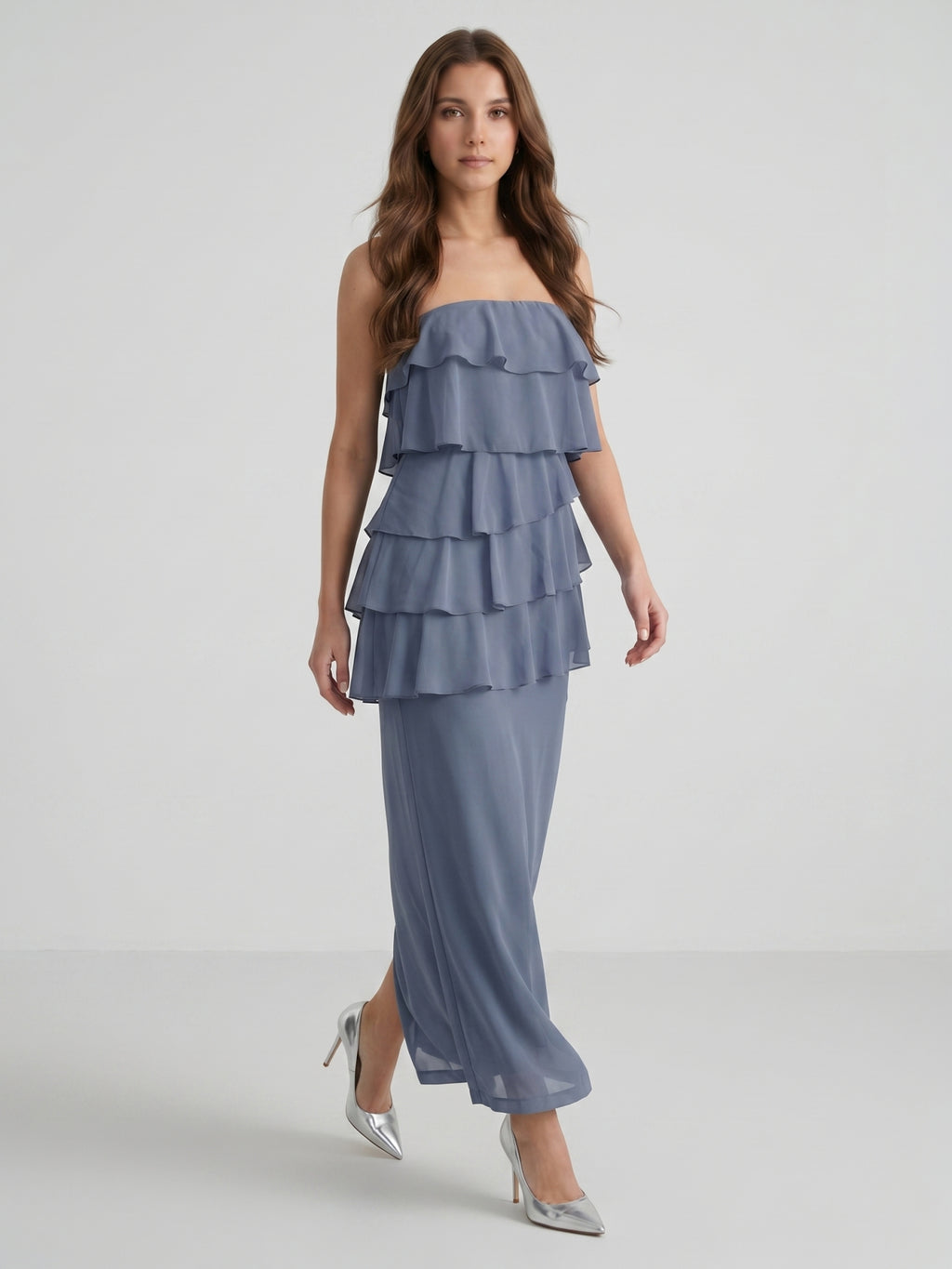 Stormy Chiffon Column Straight Neck Back Zip Floor-Length Bridesmaid Dress with Ruffle