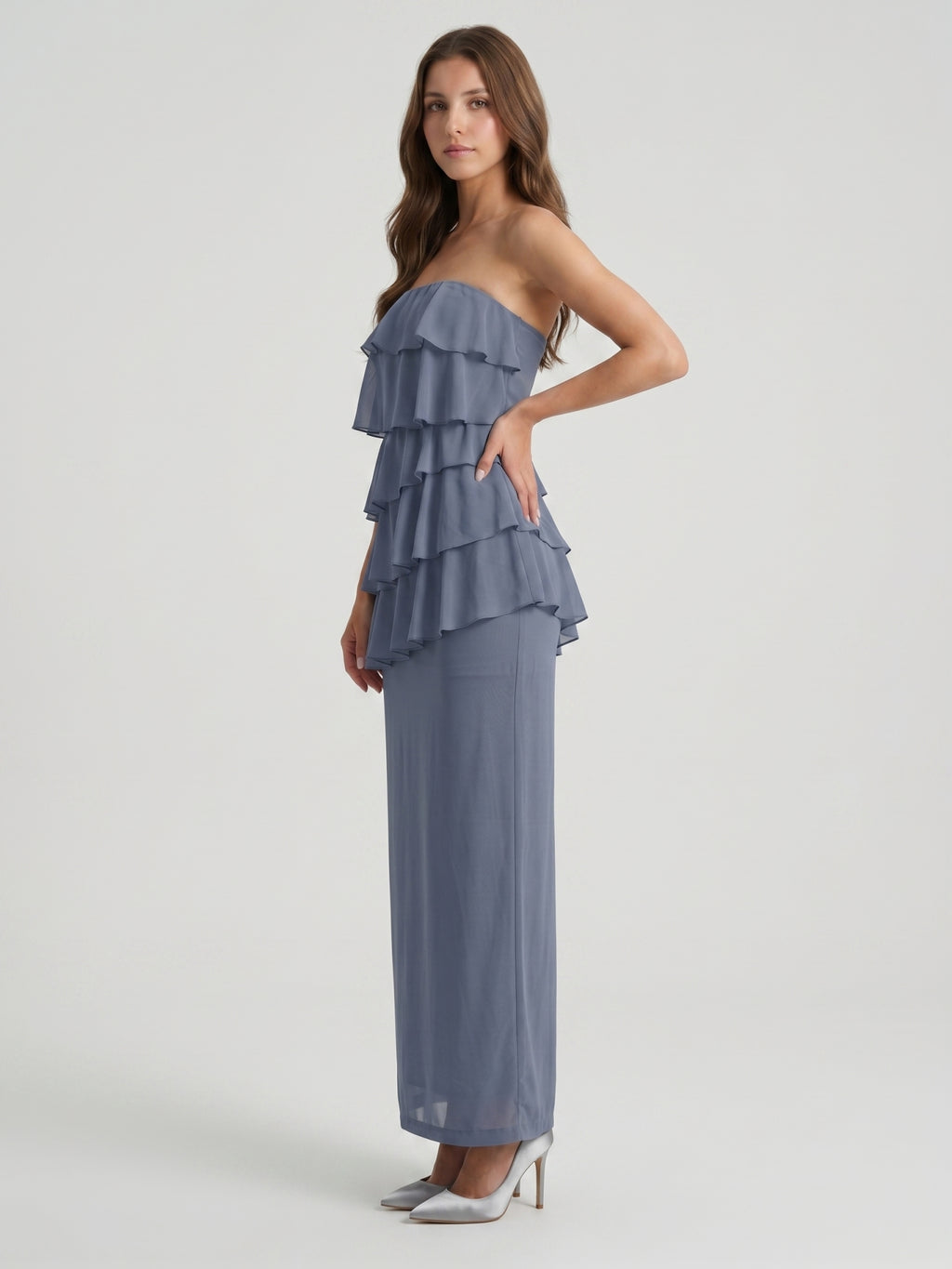 Stormy Chiffon Column Straight Neck Back Zip Floor-Length Bridesmaid Dress with Ruffle