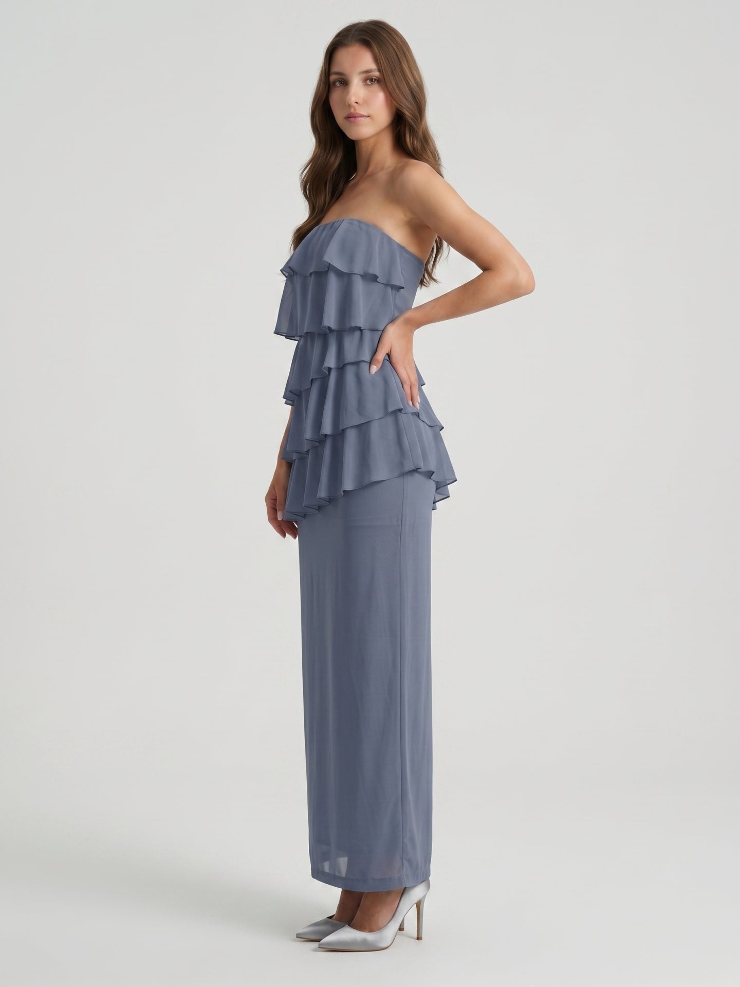 Stormy Chiffon Column Straight Neck Back Zip Floor-Length Bridesmaid Dress with Ruffle