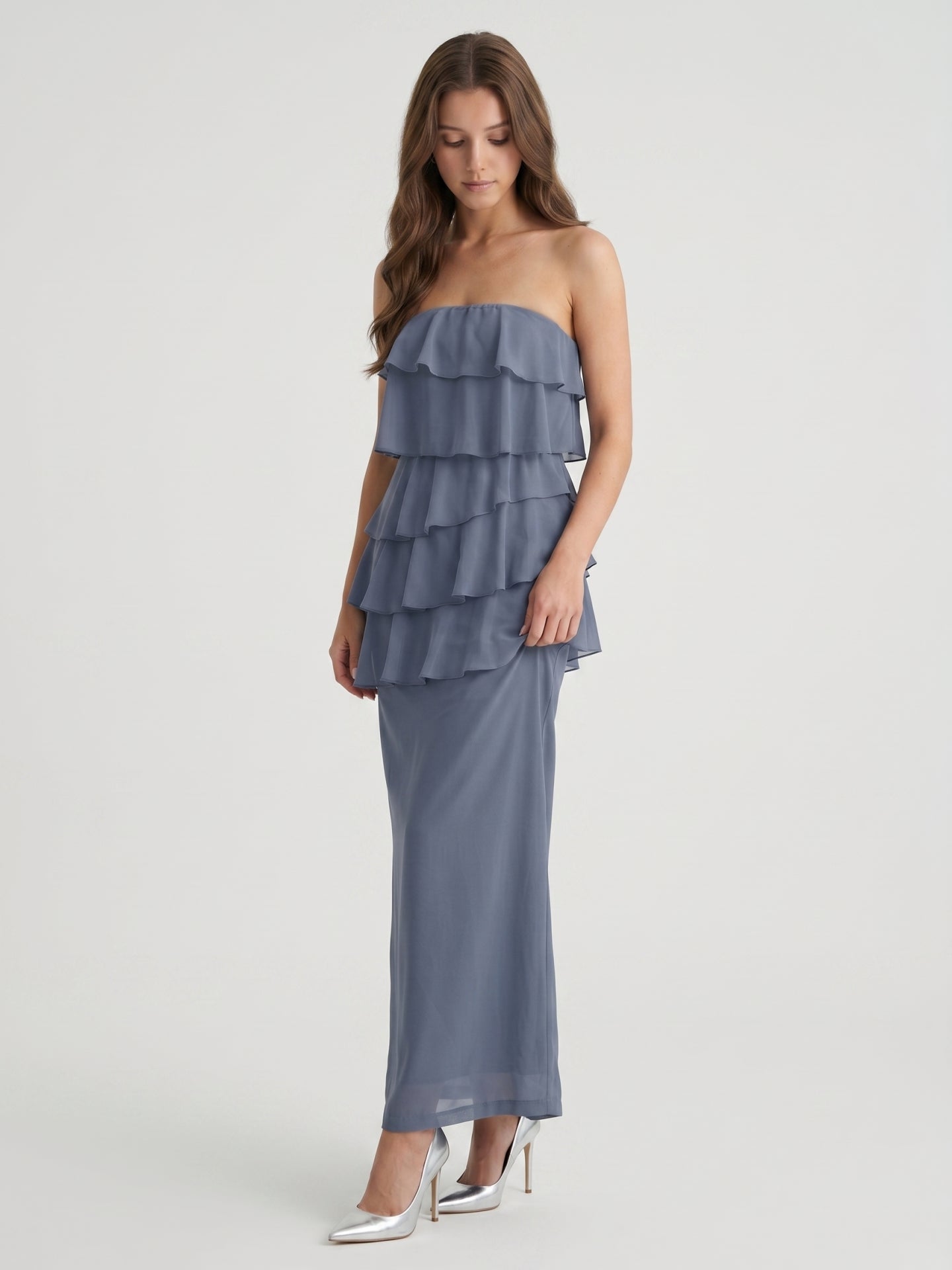 Stormy Chiffon Column Straight Neck Back Zip Floor-Length Bridesmaid Dress with Ruffle