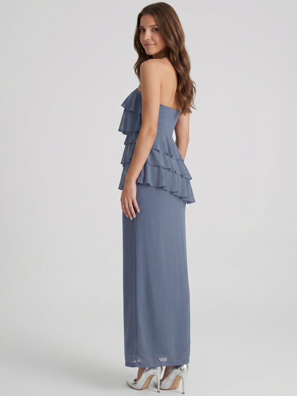 Stormy Chiffon Column Straight Neck Back Zip Floor-Length Bridesmaid Dress with Ruffle
