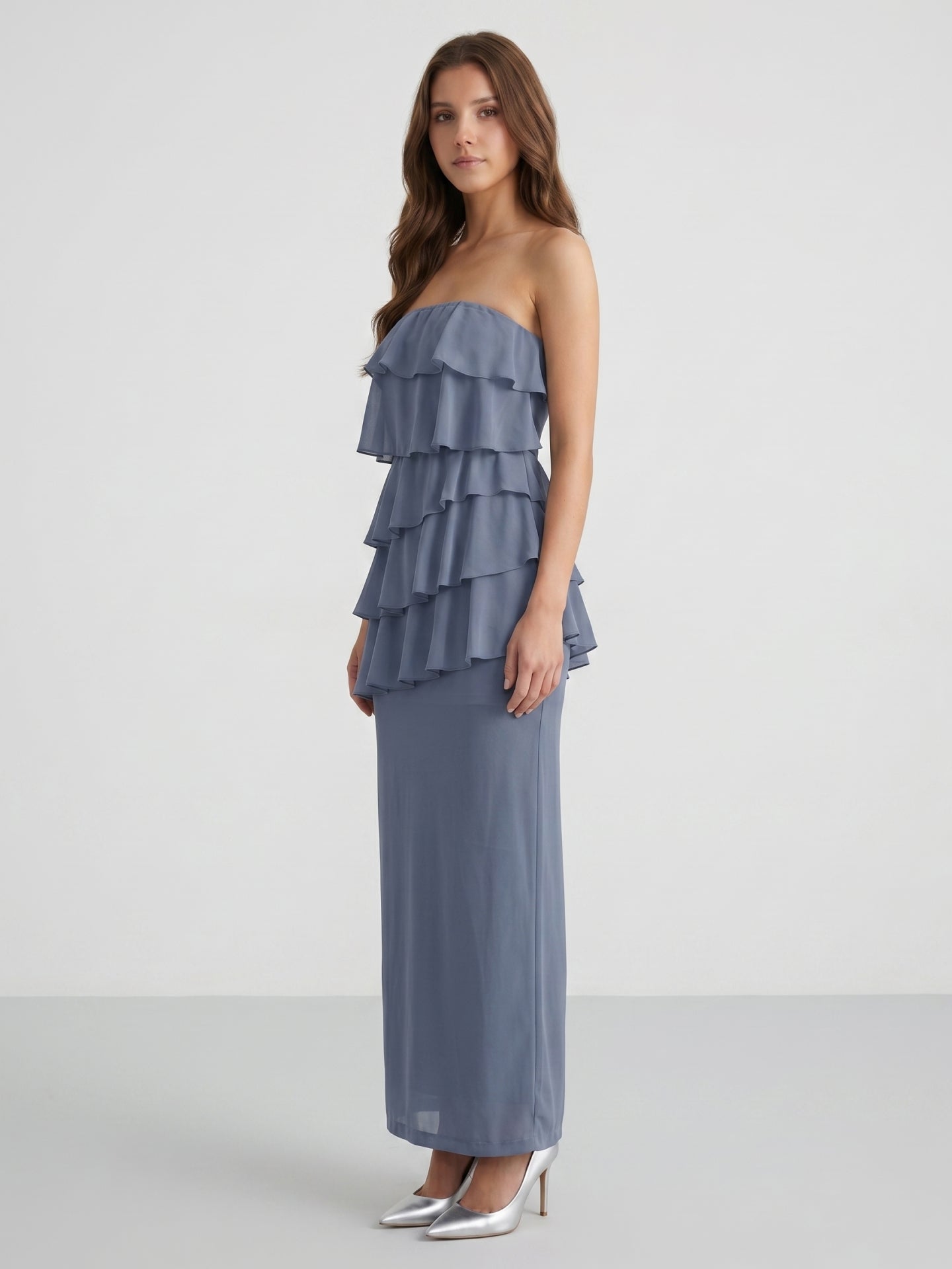 Stormy Chiffon Column Straight Neck Back Zip Floor-Length Bridesmaid Dress with Ruffle
