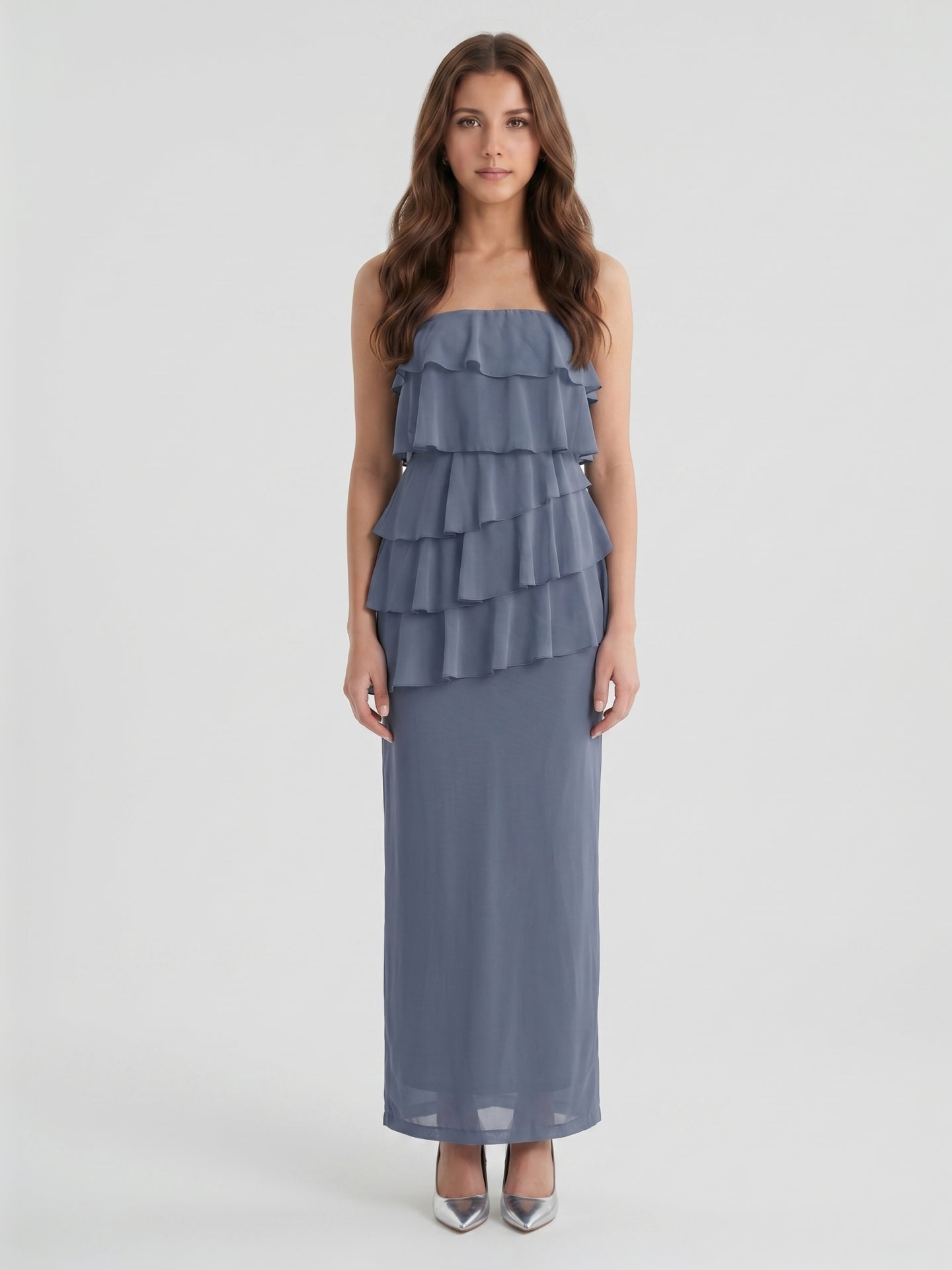 Stormy Chiffon Column Straight Neck Back Zip Floor-Length Bridesmaid Dress with Ruffle