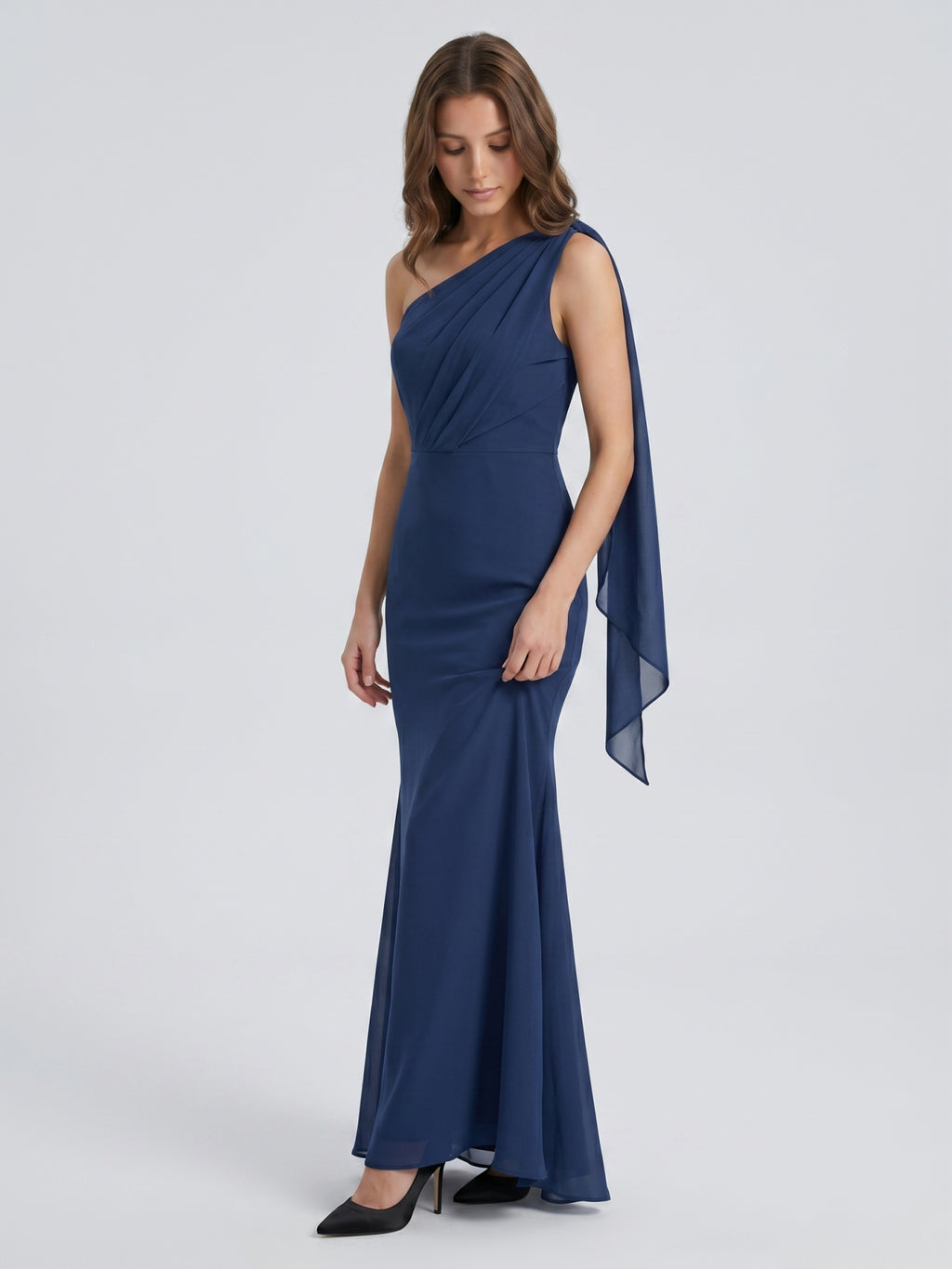 Stormy Chiffon Mermaid One Shoulder Back Zip Floor-Length Bridesmaid Dress