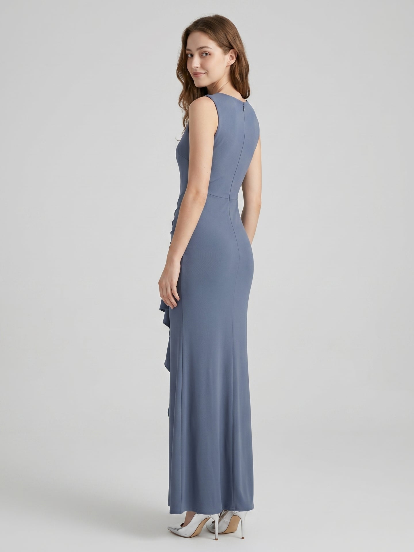 Stormy Chiffon Mermaid Scoop Neck Back Zip Floor-Length Bridesmaid Dress with Ruffle