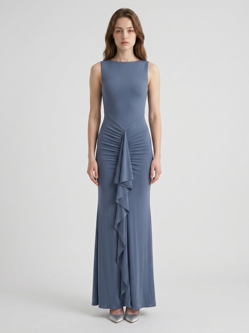 Stormy Chiffon Mermaid Scoop Neck Back Zip Floor-Length Bridesmaid Dress with Ruffle