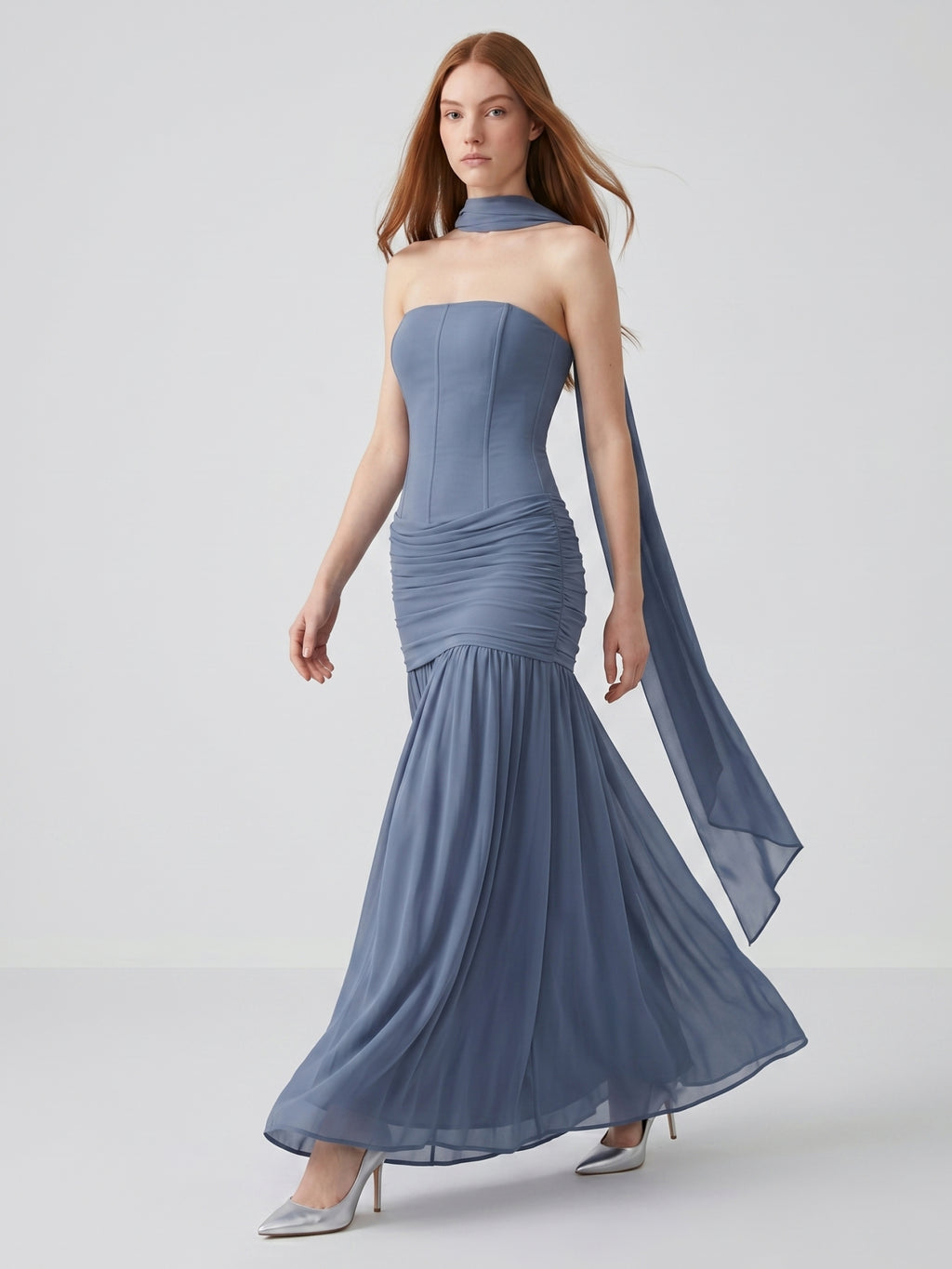 Stormy Chiffon Mermaid Straight Neck Back Zip Floor-Length Bridesmaid Dress with Pleated Detail