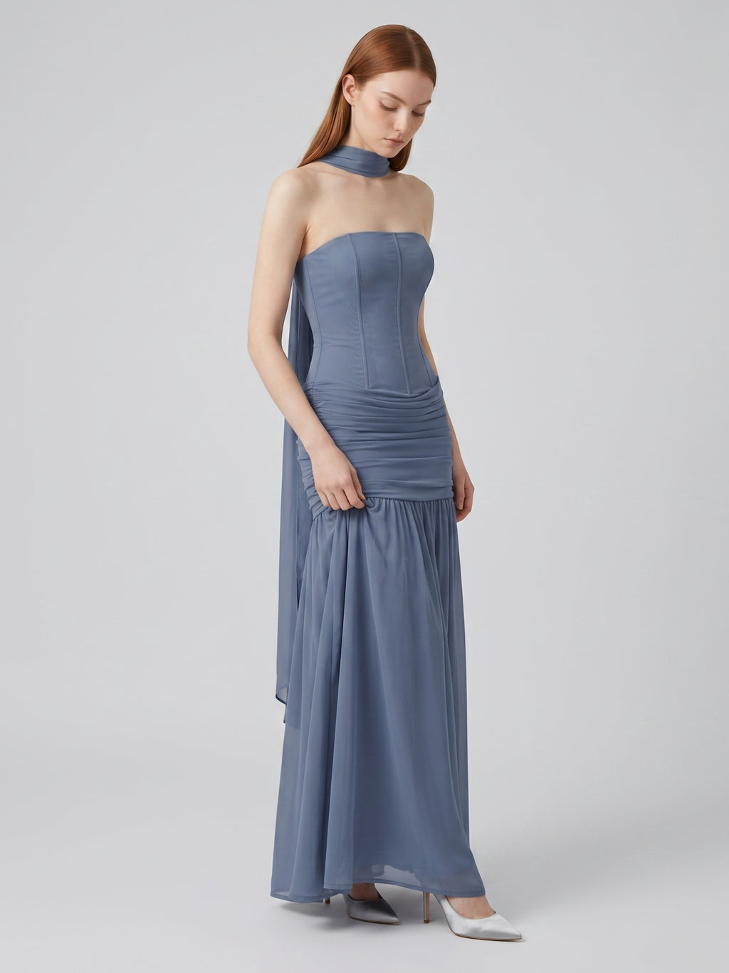 Stormy Chiffon Mermaid Straight Neck Back Zip Floor-Length Bridesmaid Dress with Pleated Detail