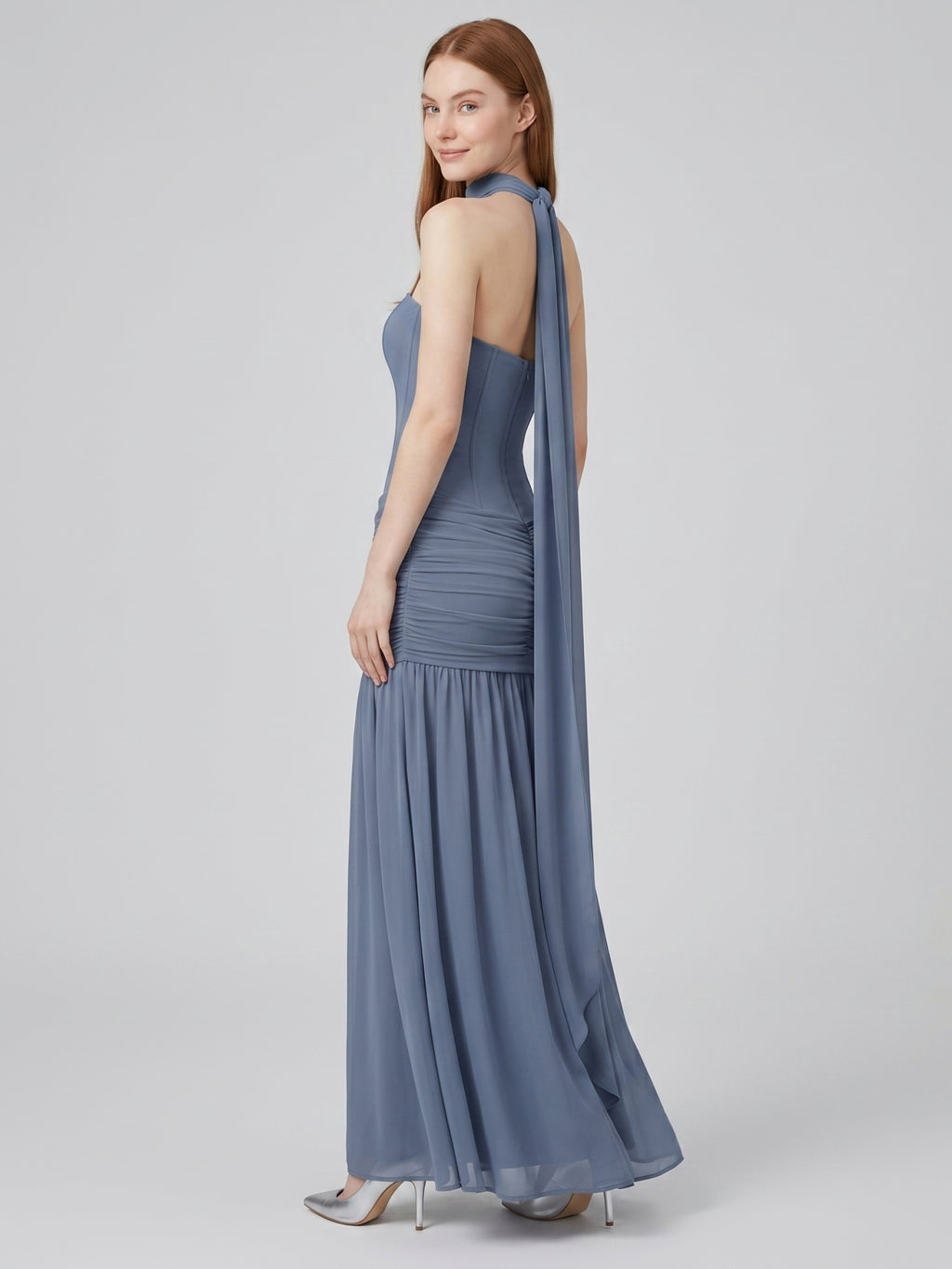 Stormy Chiffon Mermaid Straight Neck Back Zip Floor-Length Bridesmaid Dress with Pleated Detail