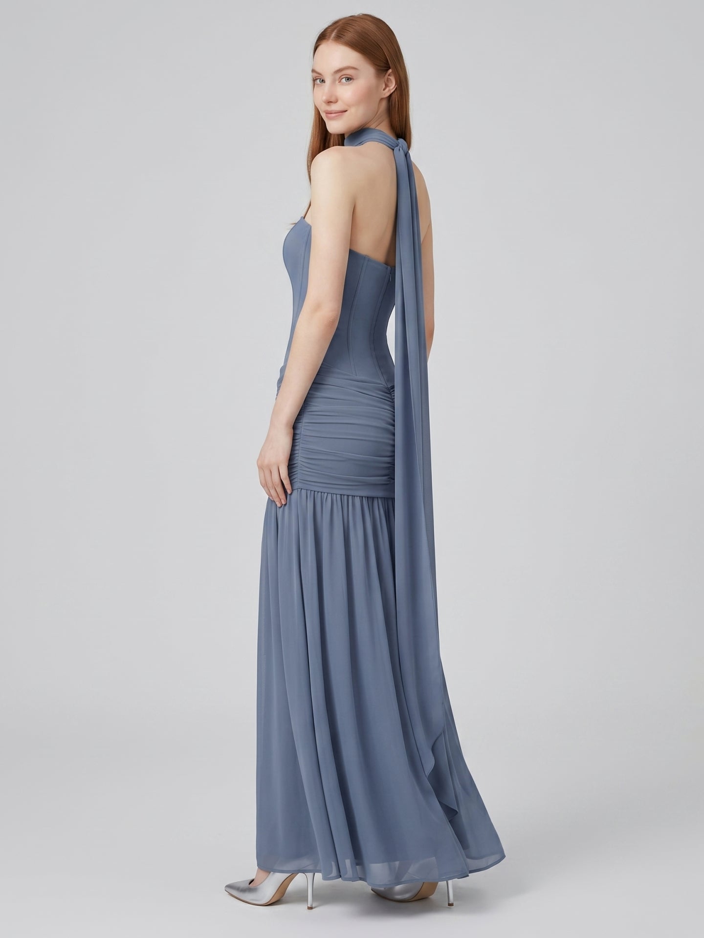 Stormy Chiffon Mermaid Straight Neck Back Zip Floor-Length Bridesmaid Dress with Pleated Detail