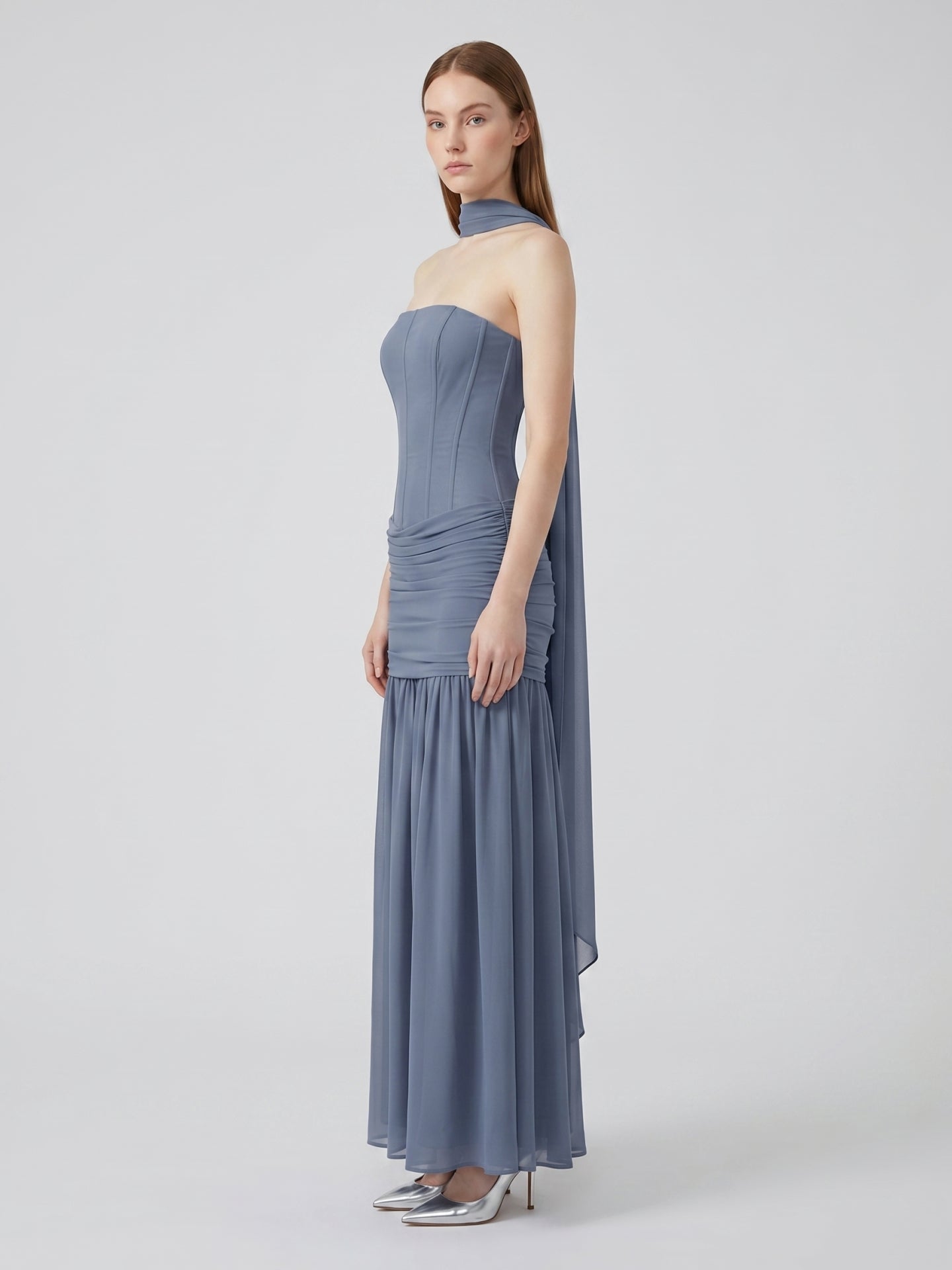 Stormy Chiffon Mermaid Straight Neck Back Zip Floor-Length Bridesmaid Dress with Pleated Detail