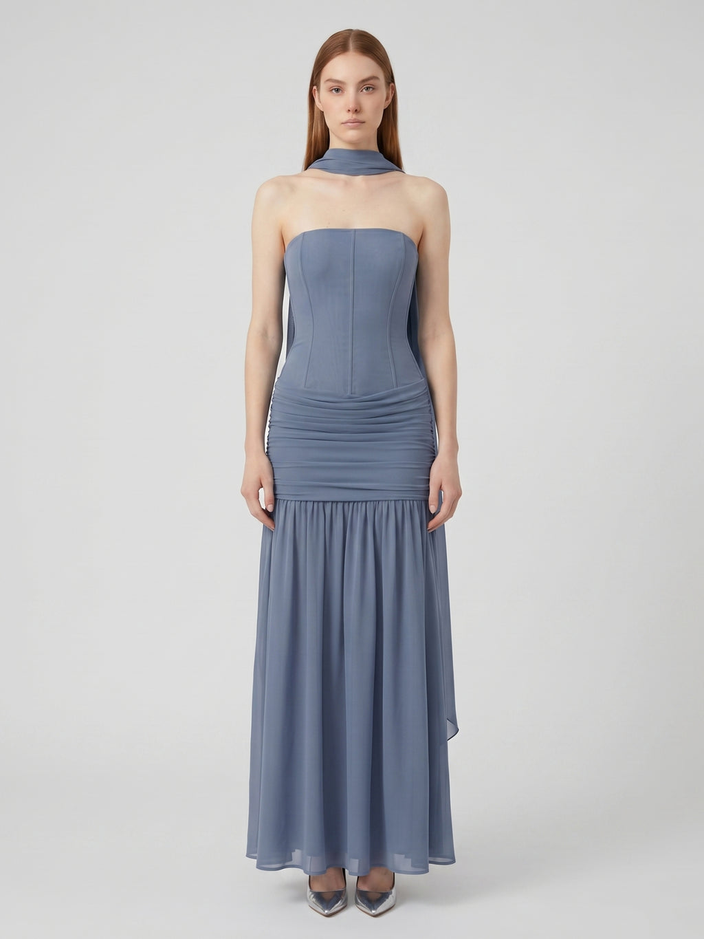 Stormy Chiffon Mermaid Straight Neck Back Zip Floor-Length Bridesmaid Dress with Pleated Detail