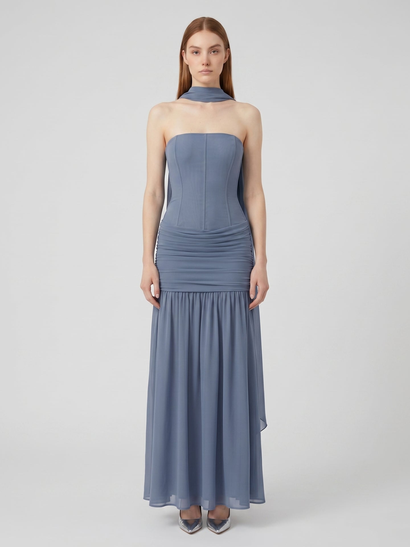 Stormy Chiffon Mermaid Straight Neck Back Zip Floor-Length Bridesmaid Dress with Pleated Detail