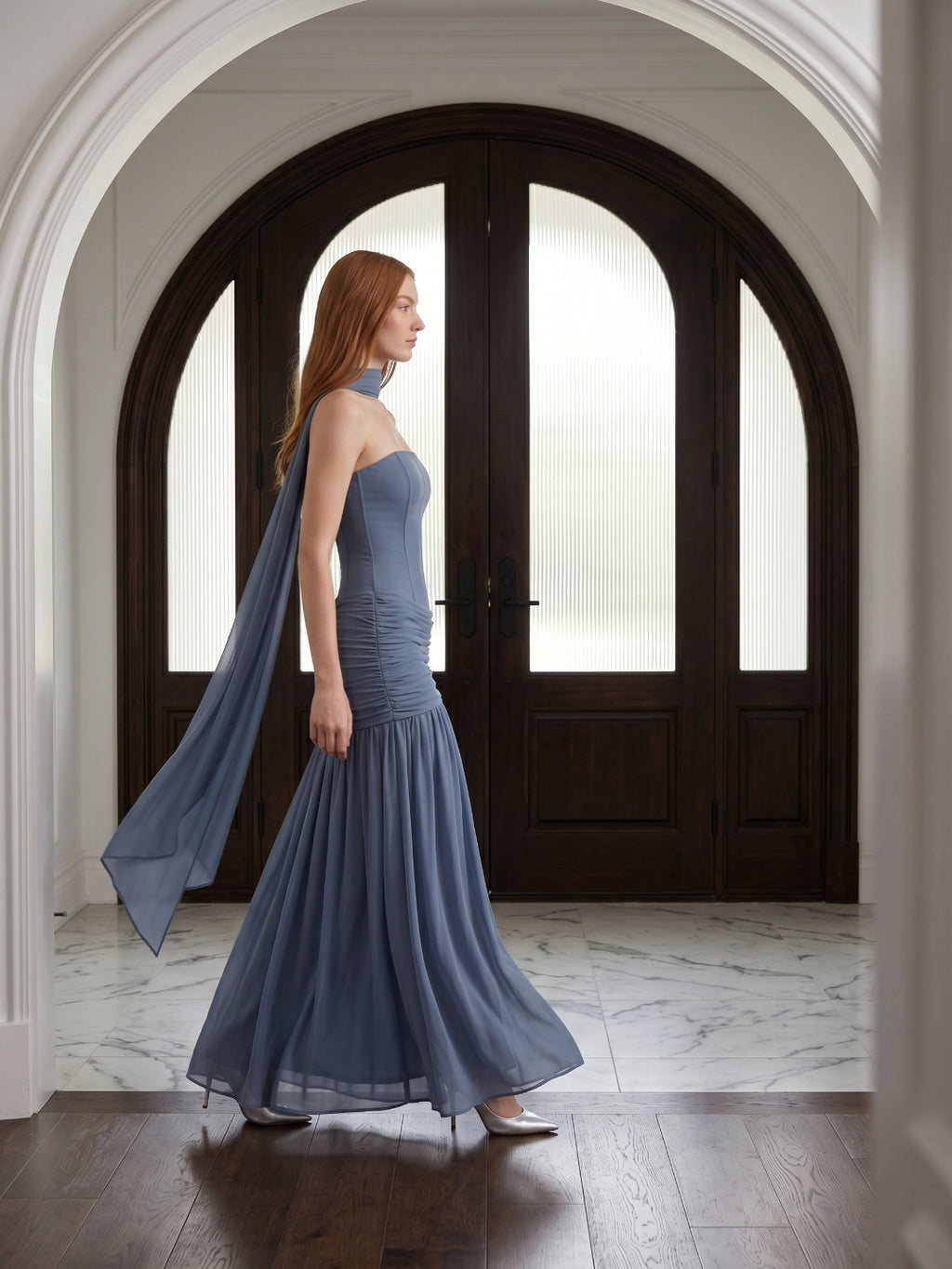 Stormy Chiffon Mermaid Straight Neck Back Zip Floor-Length Bridesmaid Dress with Pleated Detail