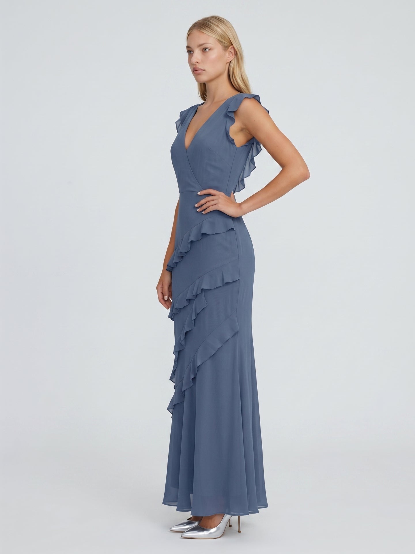 Stormy Chiffon Mermaid V-Neck V-Back Floor-Length Bridesmaid Dress