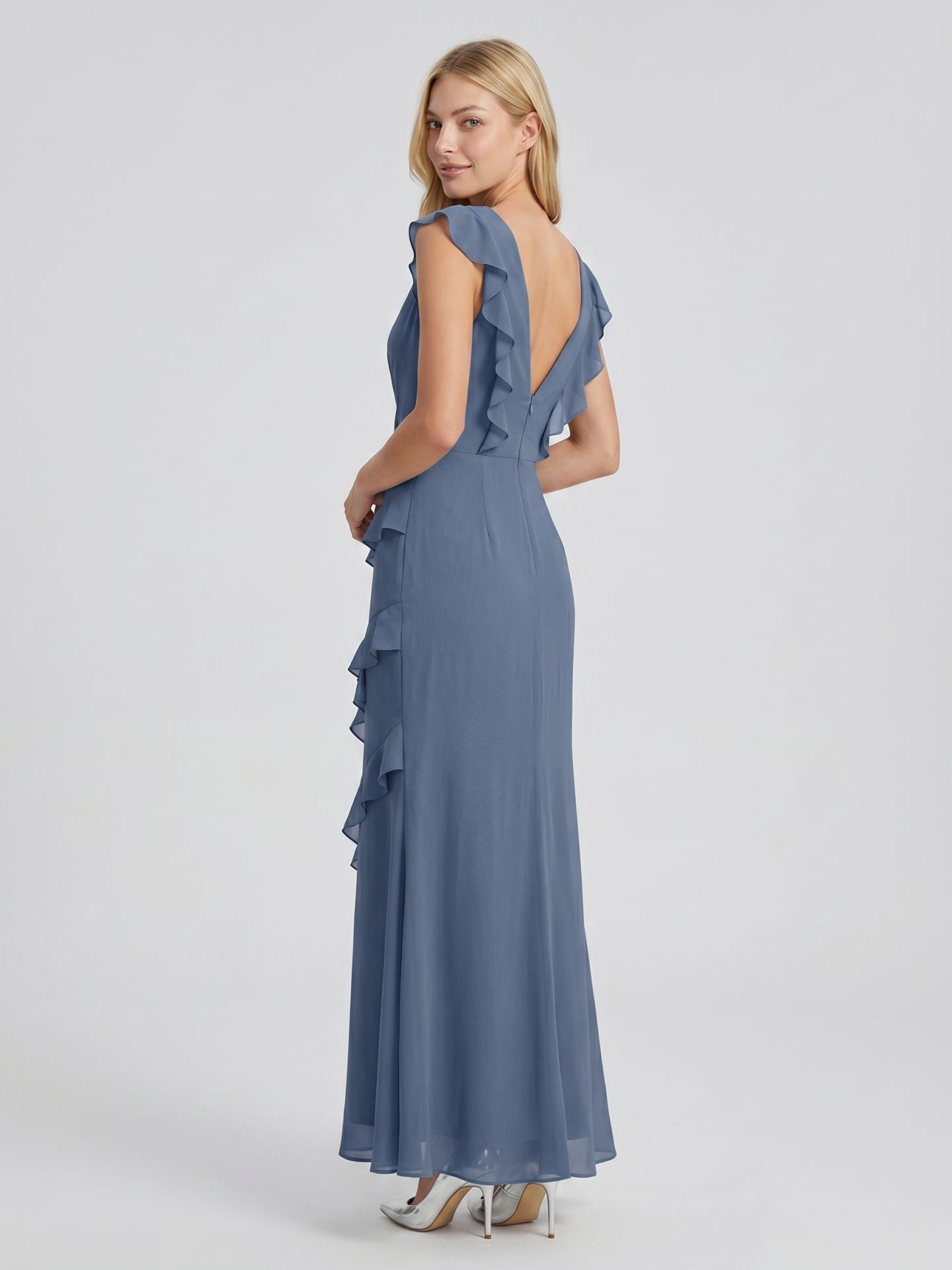 Stormy Chiffon Mermaid V-Neck V-Back Floor-Length Bridesmaid Dress