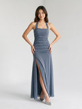 Stormy Chiffon Sheath Halter Neckline Corset Back Floor-Length Formal Dress with Pleating
