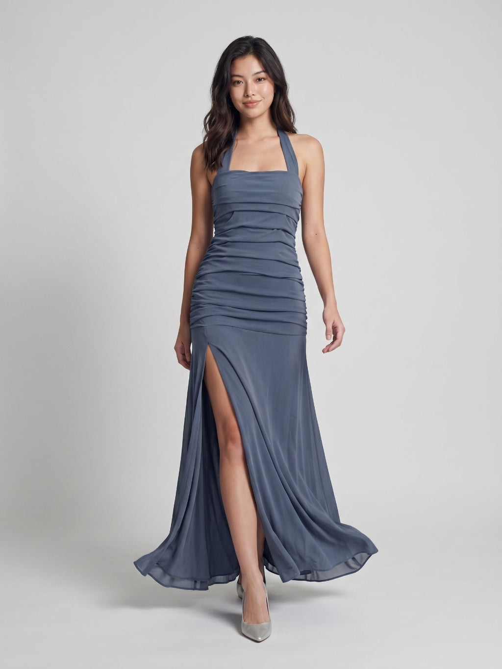 Stormy Chiffon Sheath Halter Neckline Corset Back Floor-Length Formal Dress with Pleating