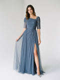 Stormy Chiffon A-Line Straight Neck Back Zip Floor-Length Dress with Sequins