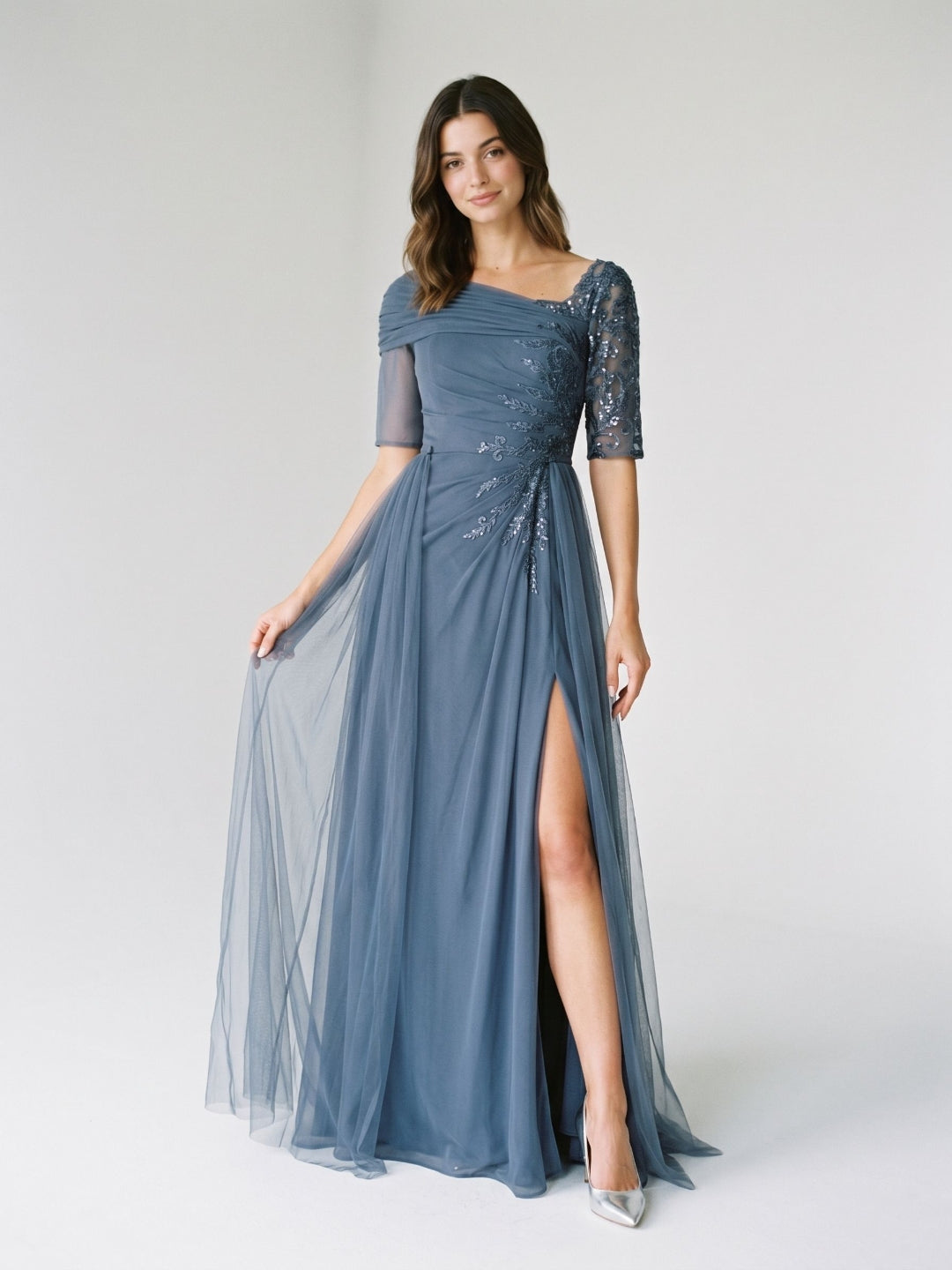 Stormy Chiffon A-Line Straight Neck Back Zip Floor-Length Dress with Sequins