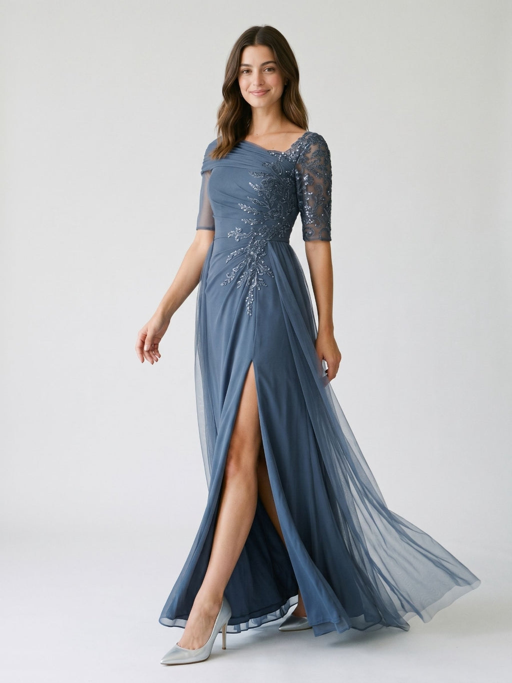 Stormy Chiffon A-Line Straight Neck Back Zip Floor-Length Dress with Sequins