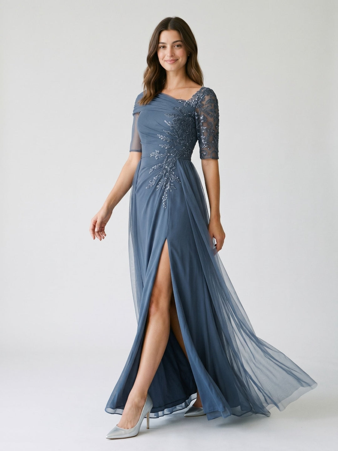 Stormy Chiffon A-Line Straight Neck Back Zip Floor-Length Dress with Sequins