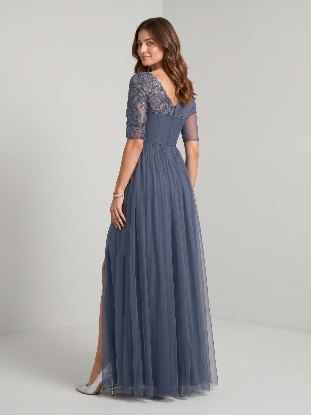 Stormy Chiffon A-Line Straight Neck Back Zip Floor-Length Dress with Sequins