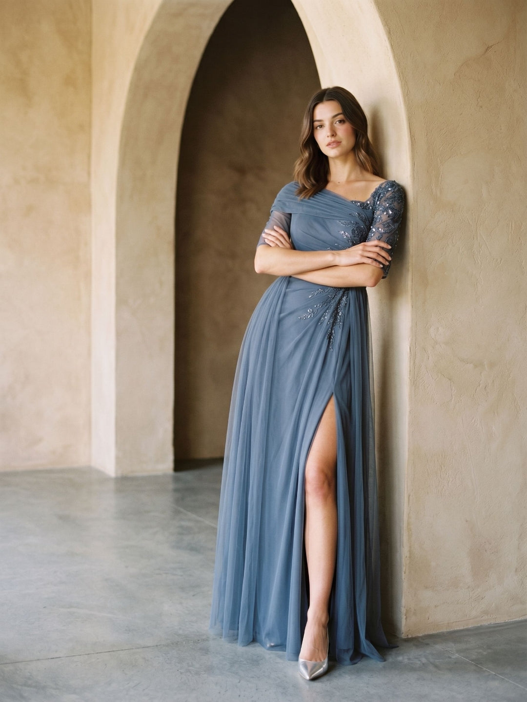 Stormy Chiffon A-Line Straight Neck Back Zip Floor-Length Dress with Sequins