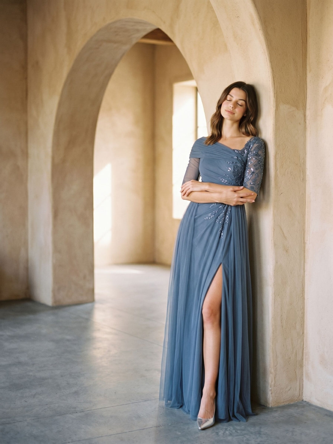 Stormy Chiffon A-Line Straight Neck Back Zip Floor-Length Dress with Sequins