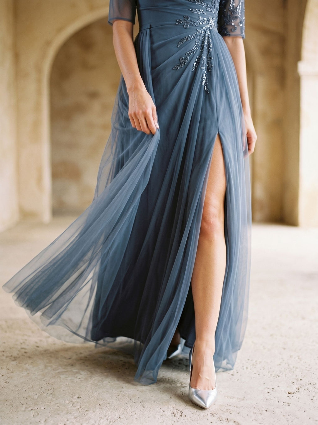 Stormy Chiffon A-Line Straight Neck Back Zip Floor-Length Dress with Sequins