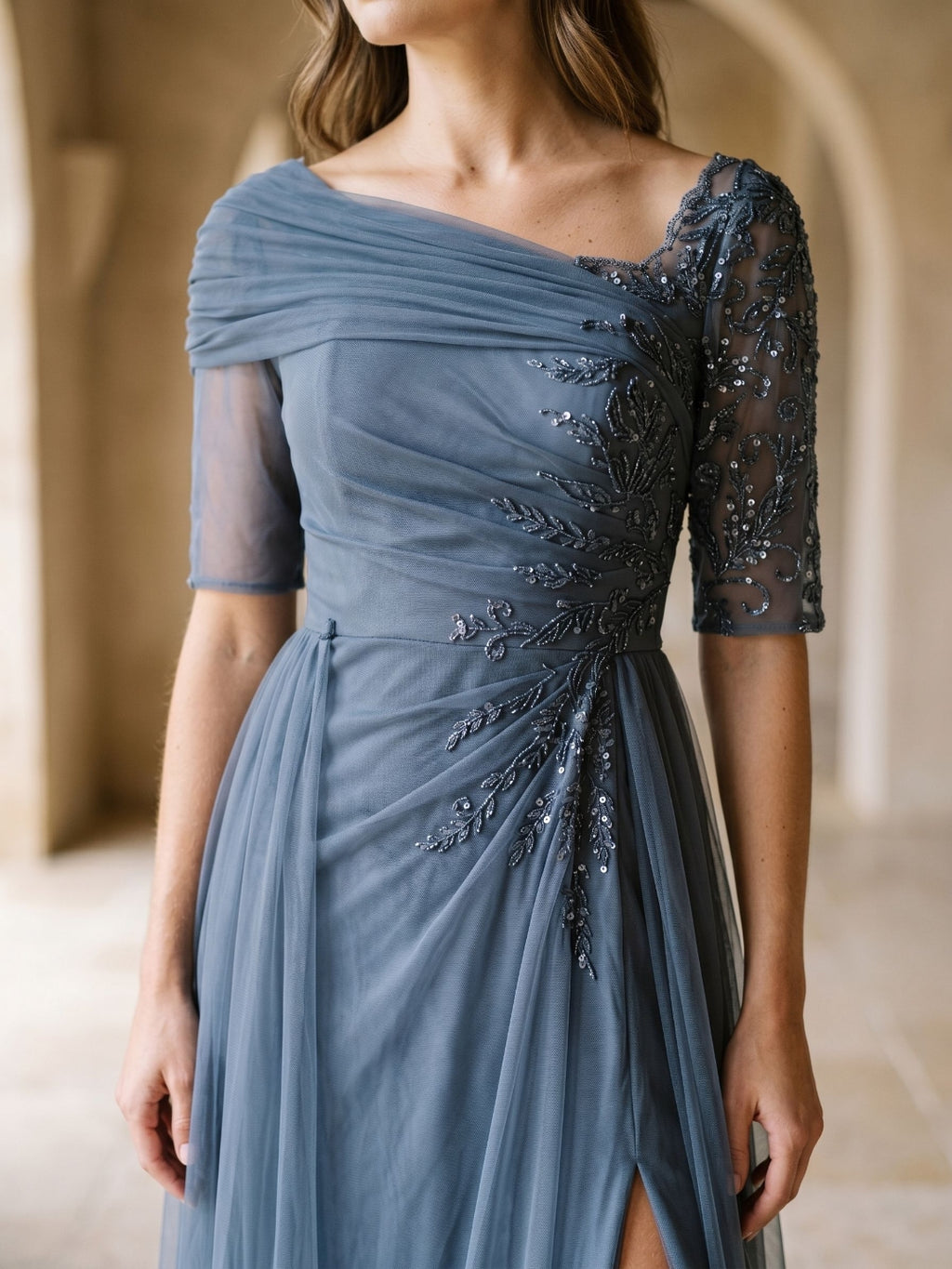 Stormy Chiffon A-Line Straight Neck Back Zip Floor-Length Dress with Sequins