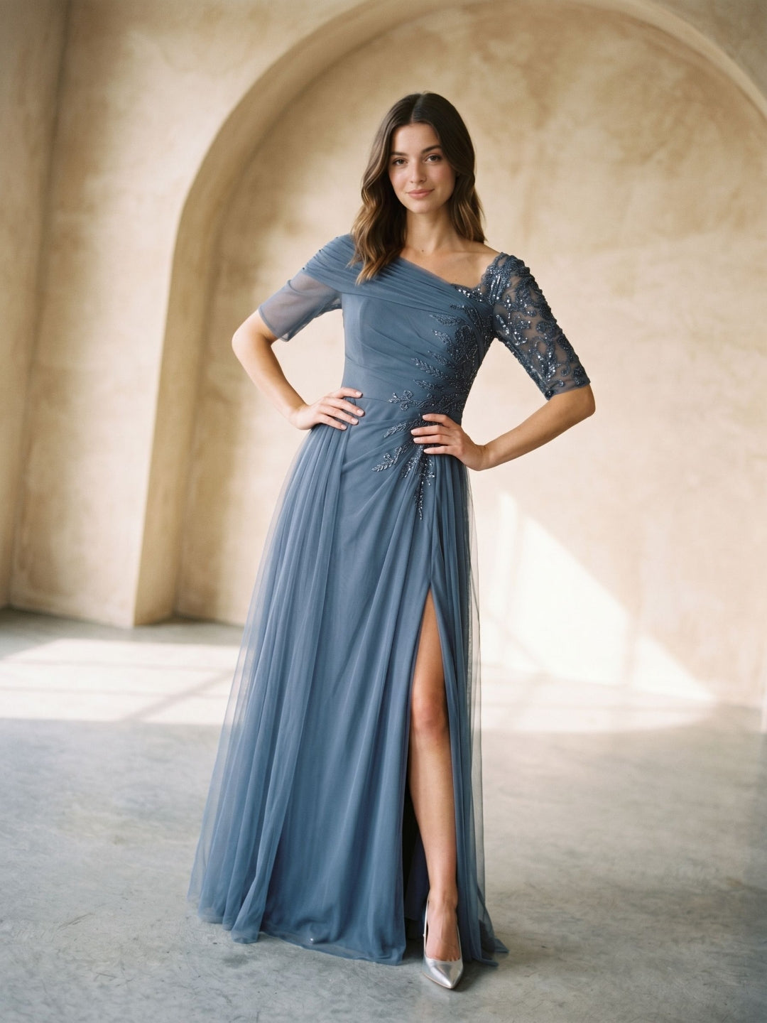 Stormy Chiffon A-Line Straight Neck Back Zip Floor-Length Dress with Sequins