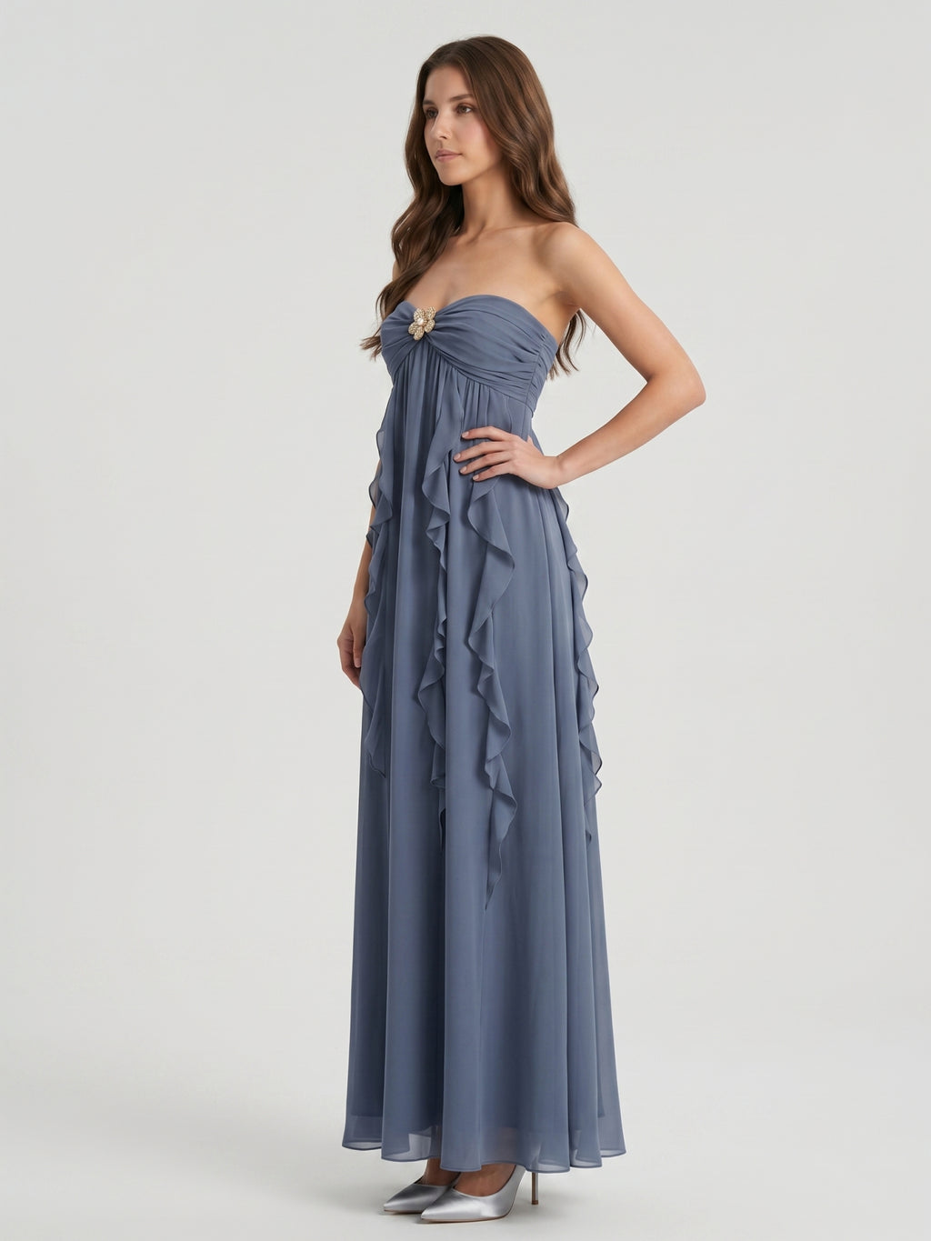 Stormy Chiffon Sheath Sweetheart Back Zip Floor-Length Bridesmaid Dress with Ruffle