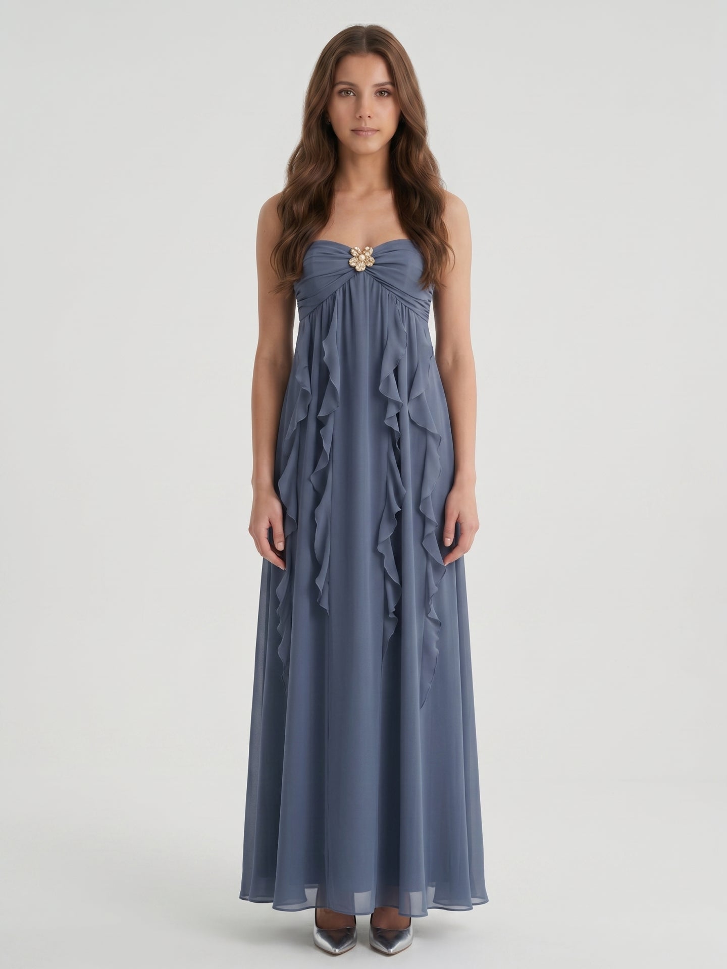Stormy Chiffon Sheath Sweetheart Back Zip Floor-Length Bridesmaid Dress with Ruffle