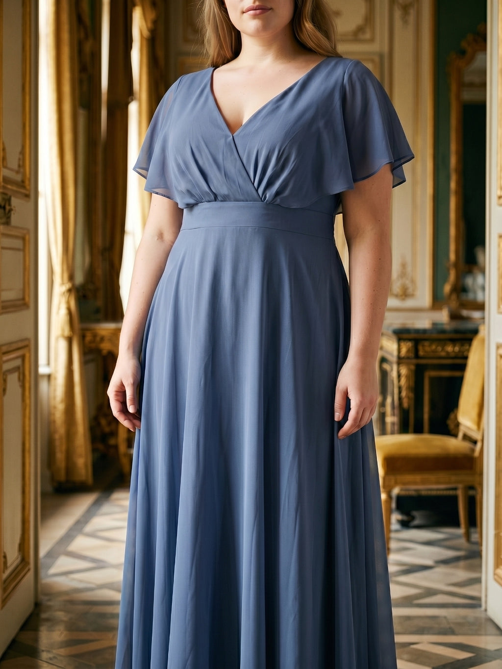 Stormy Chiffon V-Neck Back Zip  A-Line Ankle-Length  Plus Size Bridesmaid Dress
