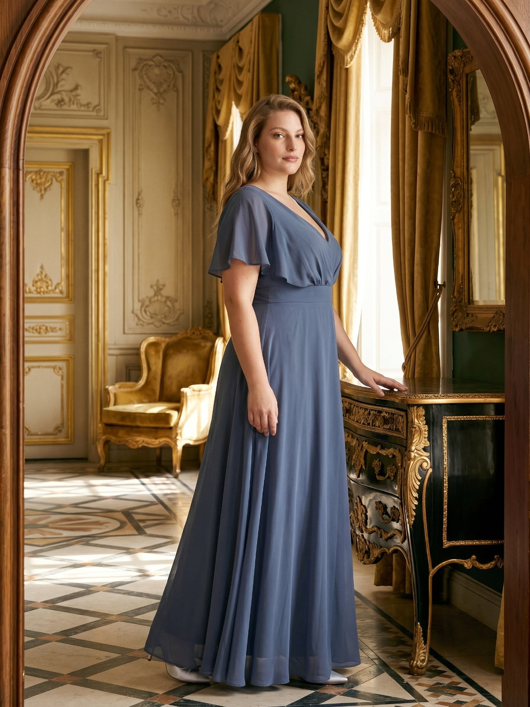 Stormy Chiffon V-Neck Back Zip  A-Line Ankle-Length  Plus Size Bridesmaid Dress