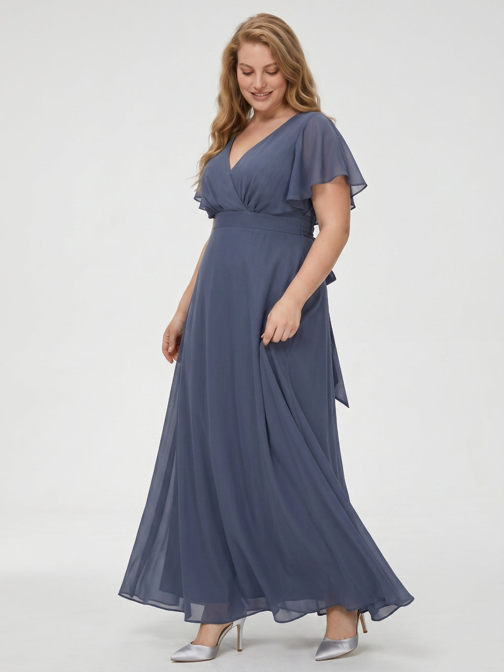 Stormy Chiffon V-Neck Back Zip  A-Line Ankle-Length  Plus Size Bridesmaid Dress