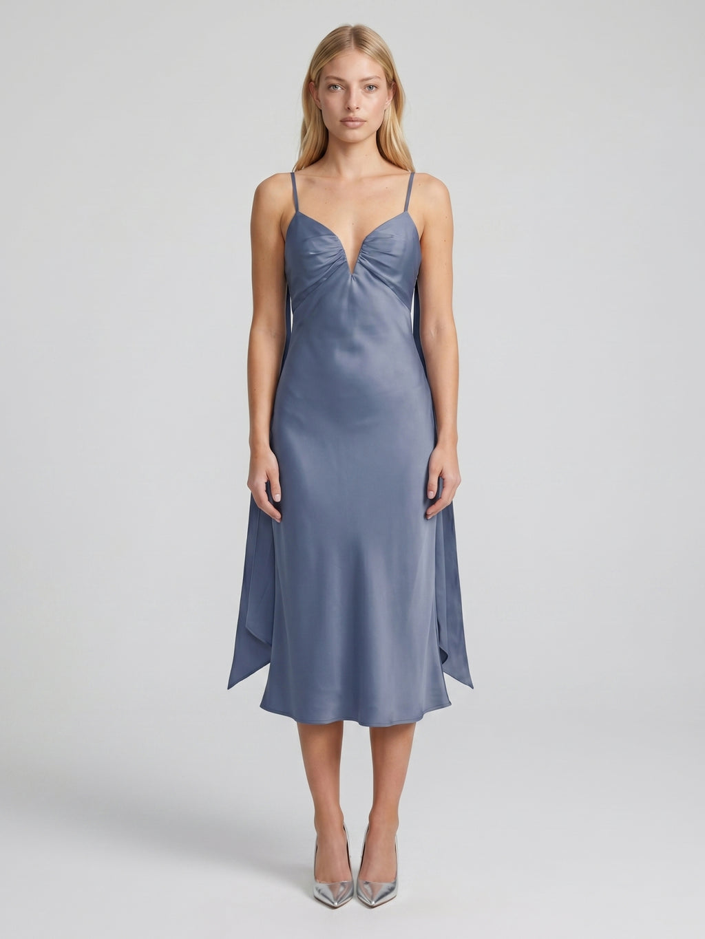 Stormy Matte Satin A-Line V-Neck Back Zip Tea-Length Bridesmaid Dress